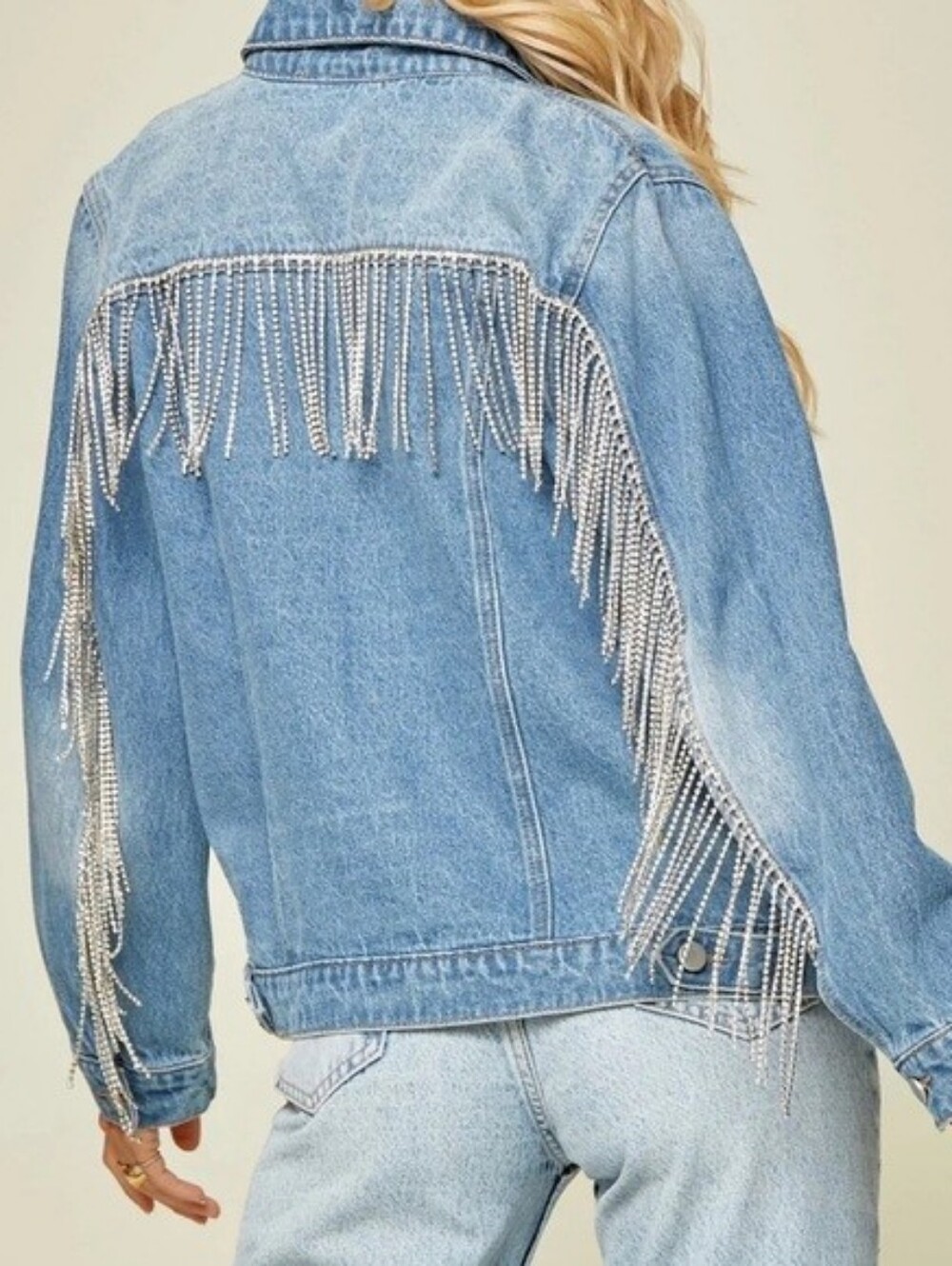 Andree by Unit Rhinestone Fringe Denim Jacket blue jean western women's medium M